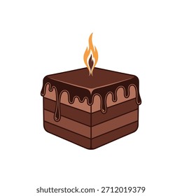 Illustrated chocolate layered cube cake with melting topping and single candle flame