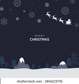 Illustrated Christmas background. The silhouettes of Santa and Rudolph are in the sky.