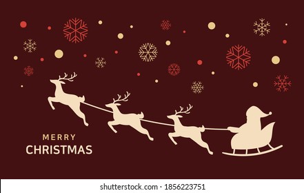 Illustrated Christmas background. The silhouettes of Santa and Rudolph are in the sky.