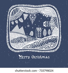 An illustrated Christmas card. Cartoon landscape with houses, trees and mountains.