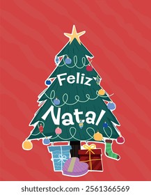 Illustrated Christmas card. Christmas tree with presents, Nativity star and balls	- Merry christmas in portuguese
