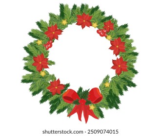 Illustrated Christmas wreath featuring a vibrant red bow and decorative berries, symbolizing holiday spirit and festive cheer. Ideal for seasonal decorations and Christmas celebrations.