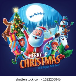 illustrated circle with Christmas greetings and characters