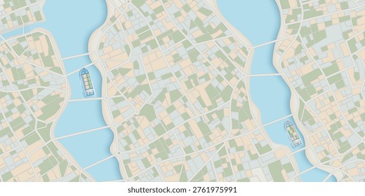 Illustrated city map with river, green blocks, roads, and cargo ships in waterway