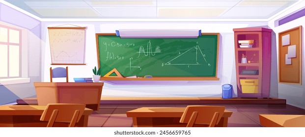 Un aula ilustrada con escritorios, una pizarra con ecuaciones matemáticas y una estantería, en un estilo de dibujos animados brillante, que representa un entorno educativo. Ilustración vectorial moderna