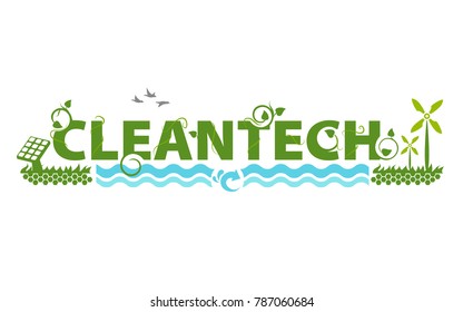 Illustrated Cleantech Industry Title with Solar Power, Wind Power and Hydro energy in One Scene with Large Letters. 
