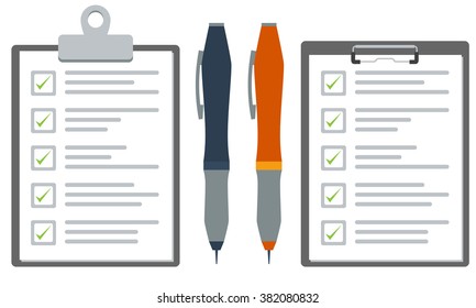 Illustrated Clipboard with checklist or survey paper and blue and orange pen. Flat color vector graphic.