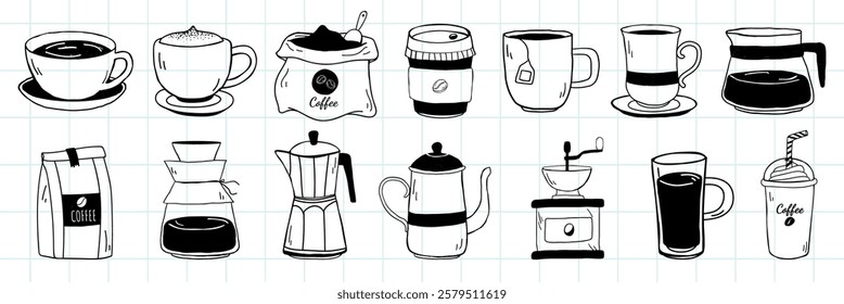 Illustrated coffee items: cups, bags, pots, and grinders. Coffee cups, coffee bags, and coffee pots in a simple black and white style. Aesthetic cafe illustrations, isolated vector set.