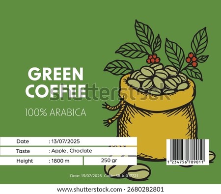 Illustrated coffee packaging design with green background, Arabica beans in sack, and leaf details. Modern label for organic green coffee, perfect for branding, marketing, and retail products.
