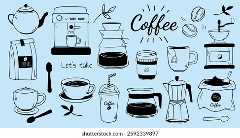 Illustrated coffee set with cups, coffee makers, and beans. Coffee theme with various makers and cups elements in a sketch style. Aesthetic cafe illustrations, isolated vector set.