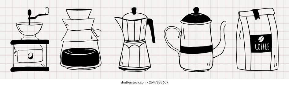 Illustrated coffee tools: grinder, dripper, moka pot, French press, coffee bag. Perfect for coffee lovers, coffee-themed designs, and coffee shop decor. Aesthetic cafe illustrations, isolated vectors.