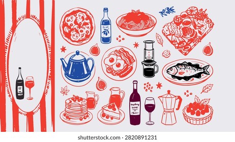 Illustrated collage of assorted food and drink items with decorative elements in red blue and black