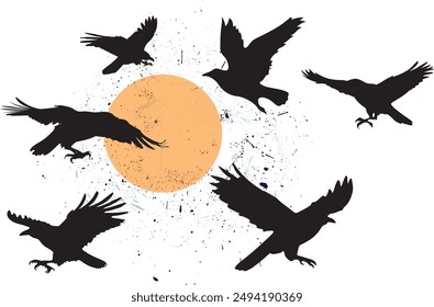 Illustrated collection of beautiful silhouettes of crows flying in various styles