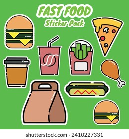 Illustrierte Aufklebergruppe mit Konzept-Aufkleber mit Fast-Food-FlavVektorgrafik einzeln auf Weiß