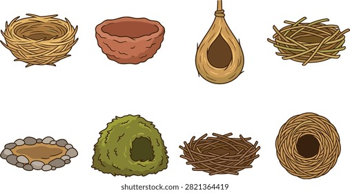 Illustrated collection of different bird nests made from twigs, straw, mud, moss, stones, and woven natural fibers. Ideal for wildlife education, ornithology materials, nature posters, children’s books, and ecological design projects.Illustrated collection of different bird nests made from twigs, straw, mud, moss, stones, and woven natural fibers. Ideal for wildlife education, ornithology materials, nature posters, children’s books, and ecological design projects.
