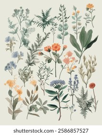 Illustrated collection of diverse botanical species, featuring a range of flowers and foliage in a detailed and artistic manner.