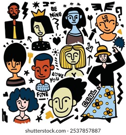 Illustrated collection of diverse hand drawn faces and characters with unique expressions isolated on white background