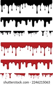 Colección ilustrada de efectos líquidos de goteo en rojo y negro. Diseños gráficos de vectores.
