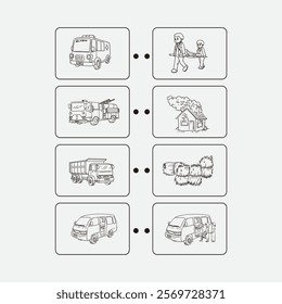 Illustrated collection of emergency vehicles and support activities accompanying scenes like rescue, fire, and transportation services.