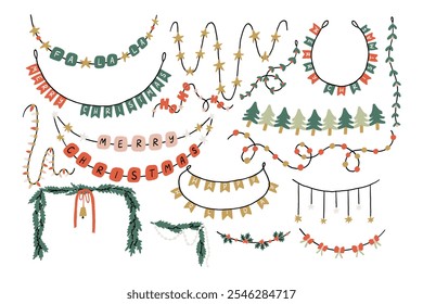 Illustrated collection of festive Christmas garlands and decorations featuring stars, trees, and holiday messages. Perfect for seasonal design projects, invitations