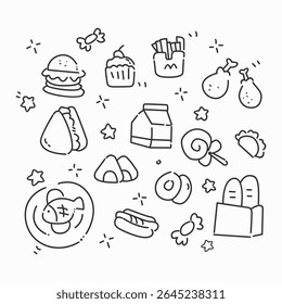 Illustrated collection of hand-drawn food elements, including burgers, cupcakes, fries, lollipops, and other snacks, designed in a playful and simplistic doodle style on a plain background.