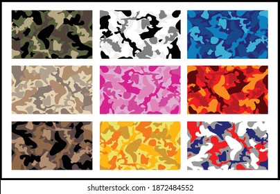 Illustrated collection of multi color camouflage texture patterns and backgrounds. Including green, yellow, red, pink, blue, brown, black and white. Illustrator eps vector graphic designs.