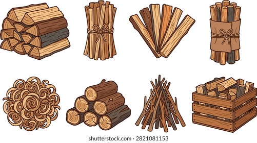Illustrated collection of stacked firewood, split logs, bundled kindling, wooden sticks, wood shavings, and a storage crate. Suitable for camping, heating, forestry, outdoor activity, fireplace, and rustic design projects.