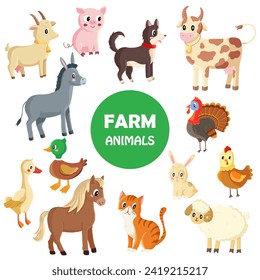 Illustrated Collection of Various Farm Animals on a White Background