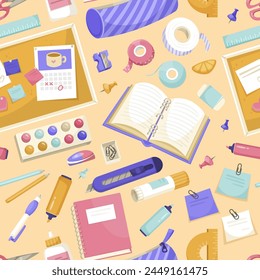 Illustrated collection of various school supplies, colorful, on a pastel background, concept of education and creativity, Vector illustration. Vector illustration