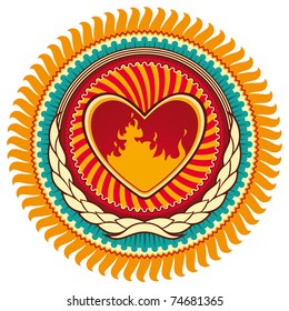 Illustrated colorful emblem with heart. Vector illustration.