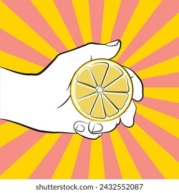 Illustrated colorful hand holding a lemon in pop art style