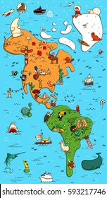 Illustrated Colorful Map of North and South America. With funny and typical objects, people, activities, animals, plants, history etc. Illustration in eps10 vector.