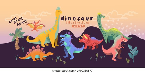 Illustrated colourful and happy dinosaur cute characters. Vector illustration.