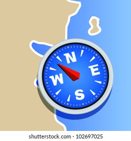 Illustrated compass on map, to find a destination or as concept for guides