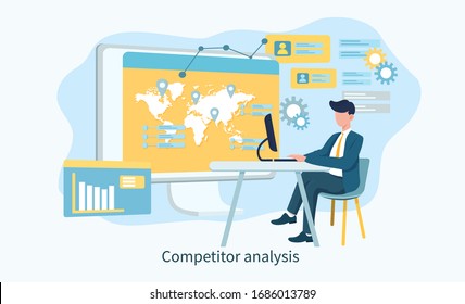 Illustrated competitor analysis concept and man on laptop with various graphs and measures. Vector Illustration - Shutterstock ID 1686013789