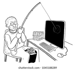 An Illustrated Concept Of A Fraudster Using A Fishing Rod In An Online Phishing Attempt.