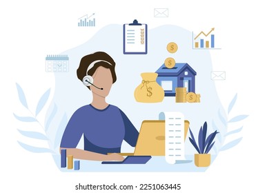 Illustrated concept of online financial or business consultations. Bank customer support call center operator.