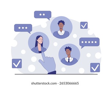 Concepto ilustrado que muestra perfiles de candidatos con calificaciones de estrellas y una mano que apunta, en estilo gráfico plano, sobre un fondo abstracto claro. Ilustración vectorial