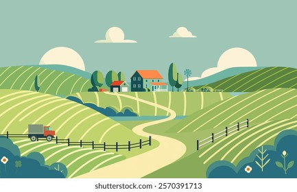 Illustrated countryside farm with a winding path, green rolling hills, farmhouse, windmill, truck, and serene rural scenery.
