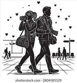 Illustrated couple exploring city streets with cameras and backpacks under starry hearts.