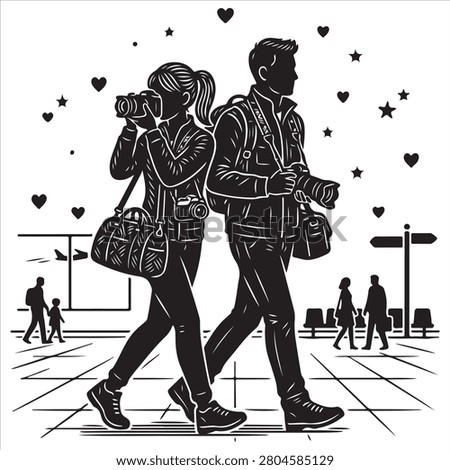 Illustrated couple exploring city streets with cameras and backpacks under starry hearts.