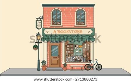 Illustrated cozy bookstore storefront with brick facade, display windows, bicycle, and street lamps in a charming urban setting. Perfect for literature, reading, and small business themes.