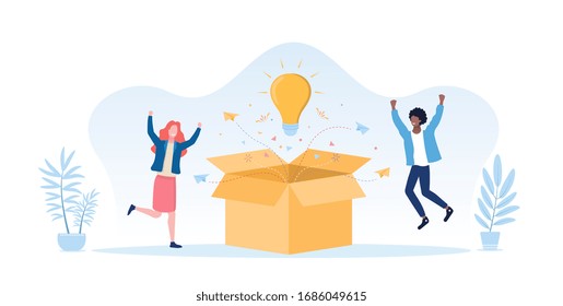 Illustrated creative idea concept with people celebrating around a lightbulb. Vector Illustration
