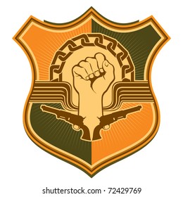 Escudo ilustrado con puño fuerte. Ilustración vectorial.
