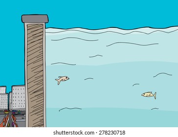 Illustrated cross section of dam near large city