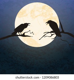 illustrated crows in front of full moon sitting on branchs for Halloween background layouts