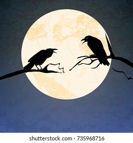 illustrated crows in front of full moon sitting on branches for Halloween background layouts