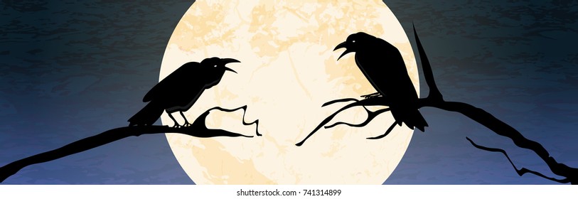 illustrated crows in front of full moon sitting on branches for Halloween background layouts