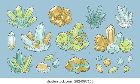 Illustrated crystal and gemstone collection. Suitable for branding, mystical art, and scientific graphics.