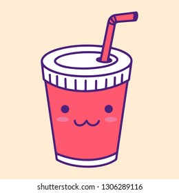 Illustrated Cup of soda juice. Fast Food, Junk Food, Street Food with cute kawaii face expressions. Handmade in doodle style - Vector EPS